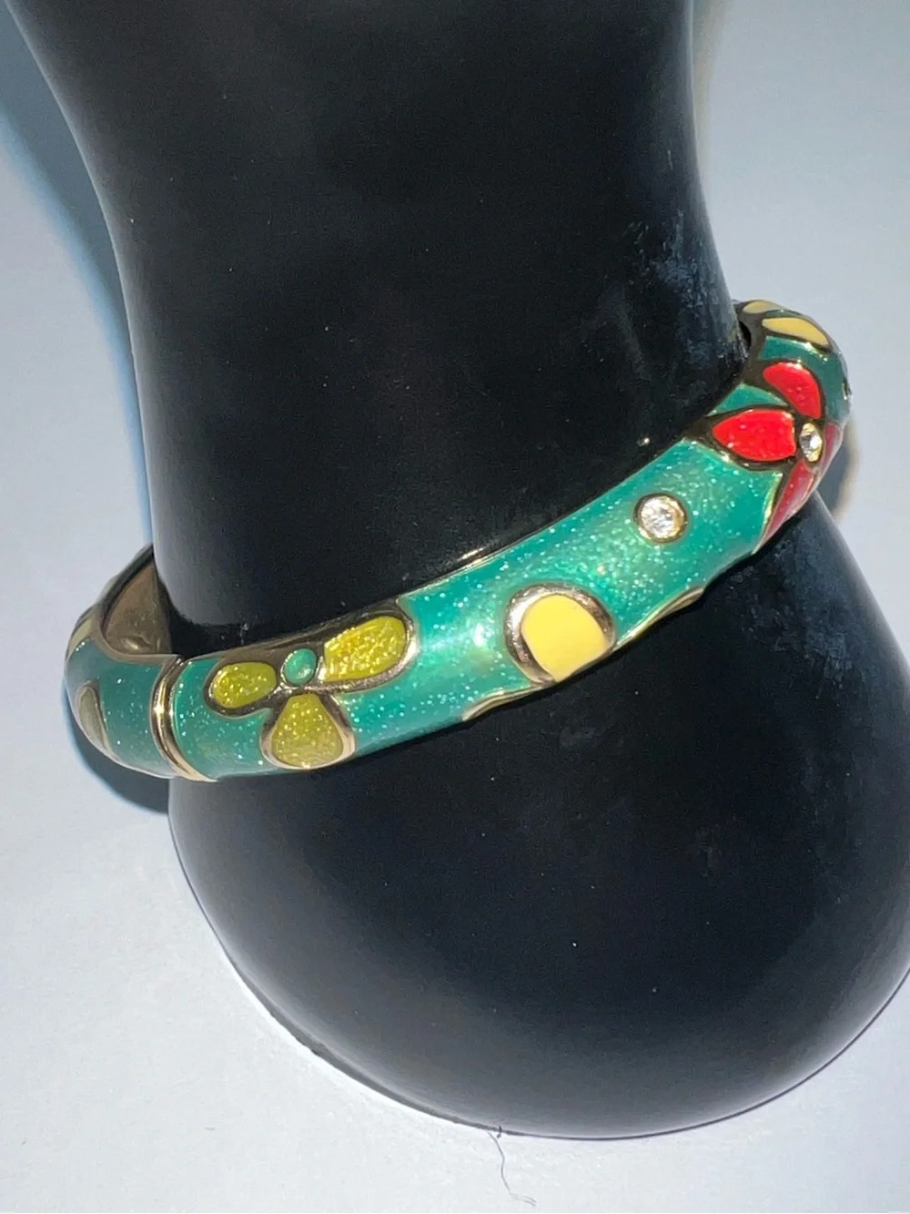 Betsey Johnson Green Enamel Hinged Floral Bangle with Red & Yellow Flowers